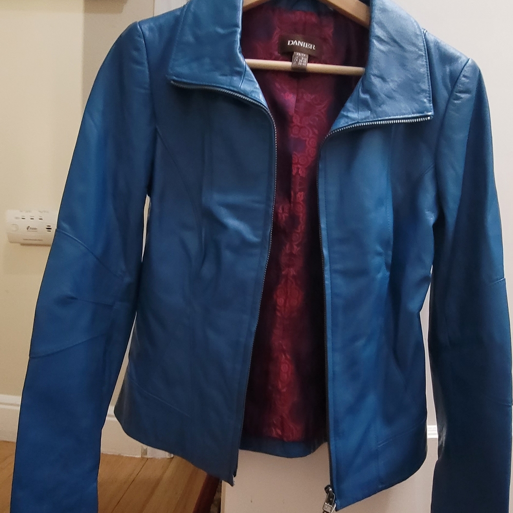 Danier Womens Teal-Blue Leather Zip Jacket